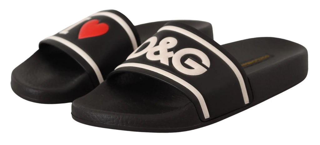 Dolce & Gabbana Black Leather I Love D&G Slides Sandals - Zeiniez