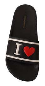 Dolce & Gabbana Black Leather I Love D&G Slides Sandals - Zeiniez