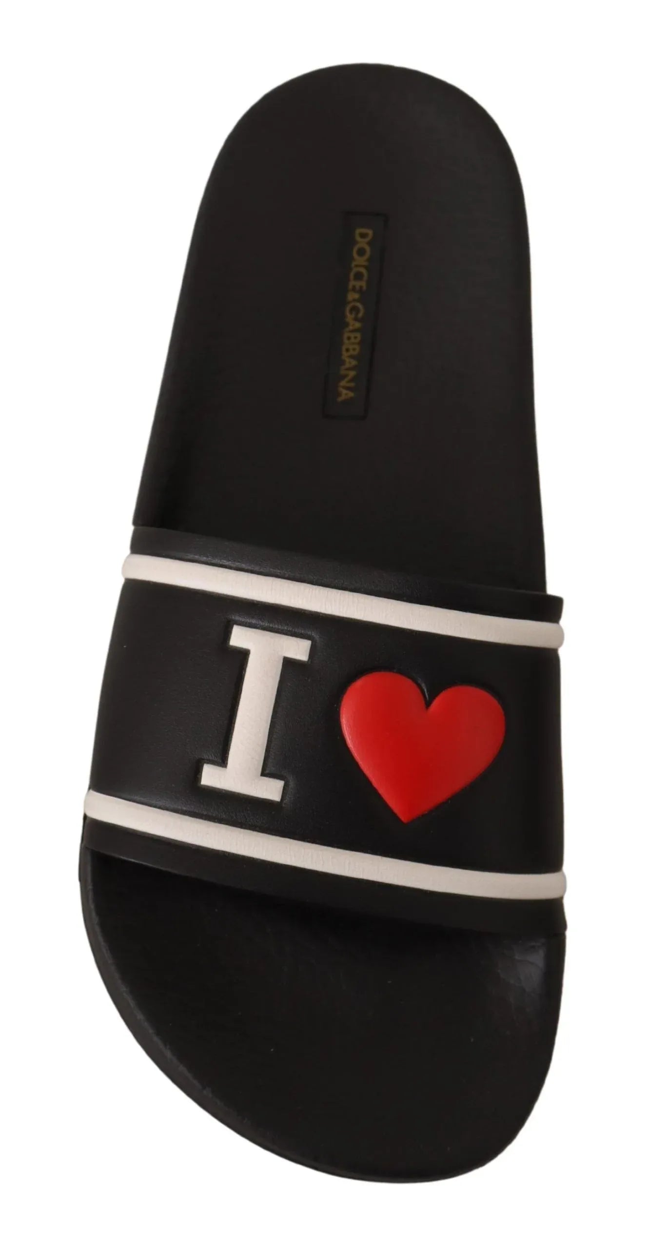 Dolce & Gabbana Black Leather I Love D&G Slides Sandals - Zeiniez