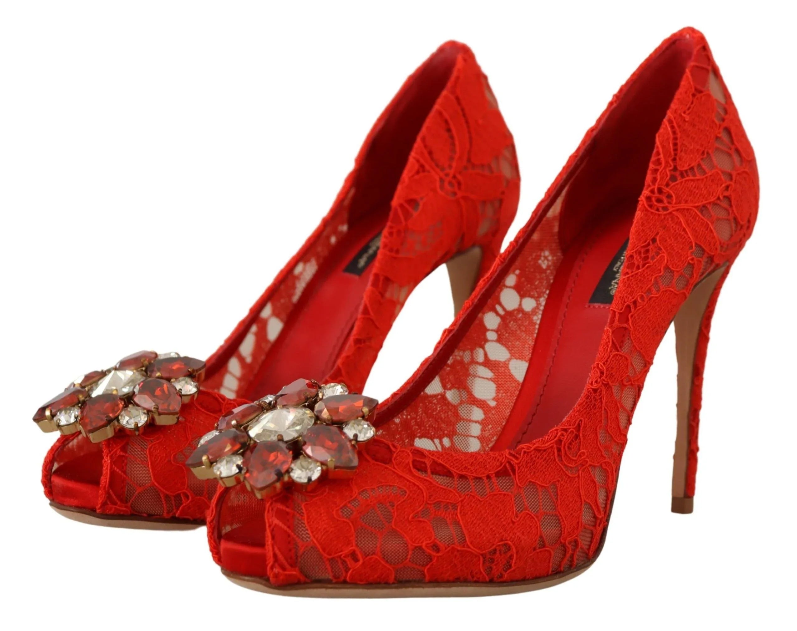 Dolce & Gabbana Red Taormina Lace Crystal Heels Pumps - Zeiniez