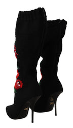 Dolce & Gabbana Black Stretch Socks Red Roses Booties Shoes - Zeiniez