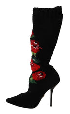 Dolce & Gabbana Black Stretch Socks Red Roses Booties Shoes - Zeiniez
