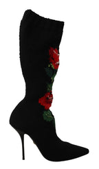 Dolce & Gabbana Black Stretch Socks Red Roses Booties Shoes - Zeiniez