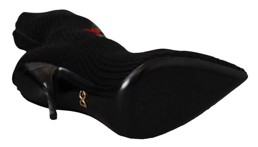 Dolce & Gabbana Black Stretch Socks Red Roses Booties Shoes - Zeiniez
