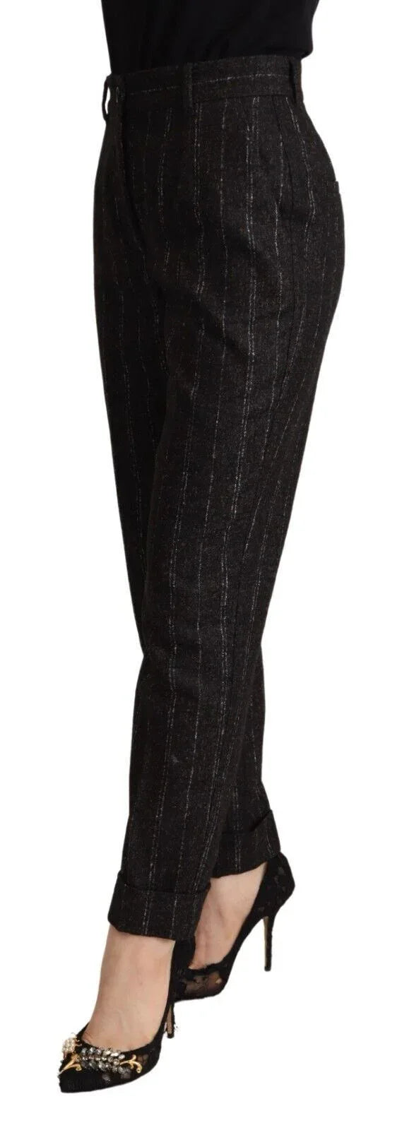 Dolce & Gabbana Black Striped High Waist Tapered Pants - Zeiniez