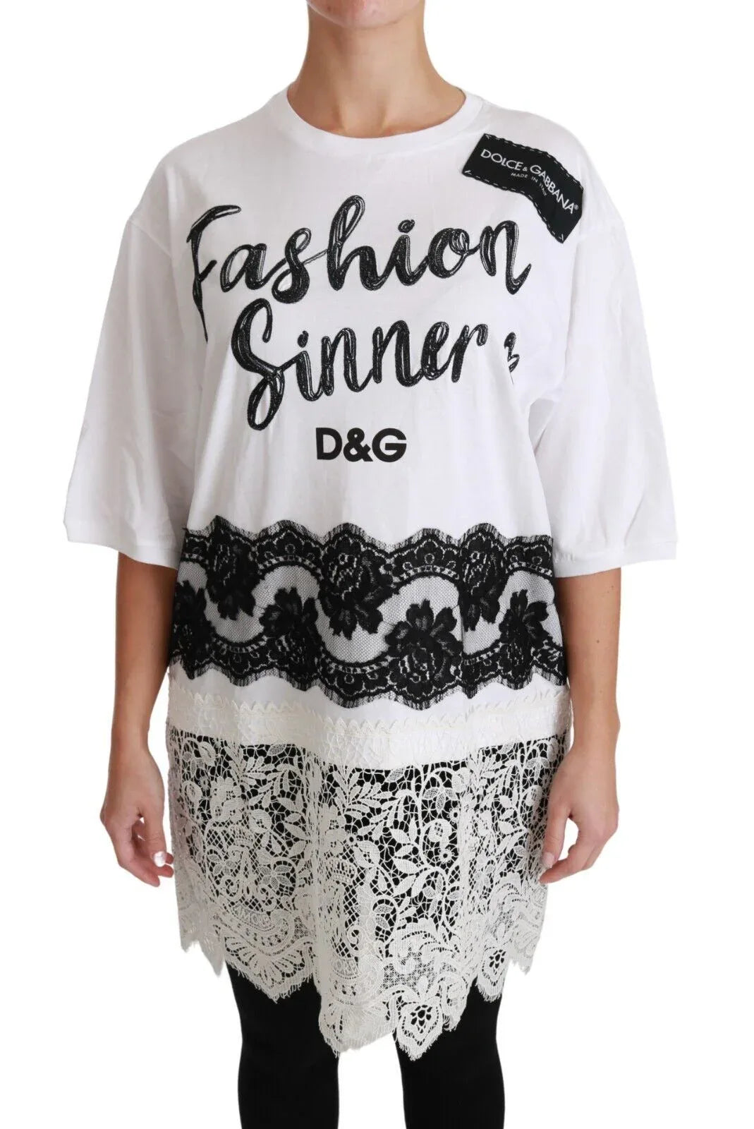 Dolce & Gabbana White Fashion Sinner Cotton Lace T-shirt Top - Zeiniez