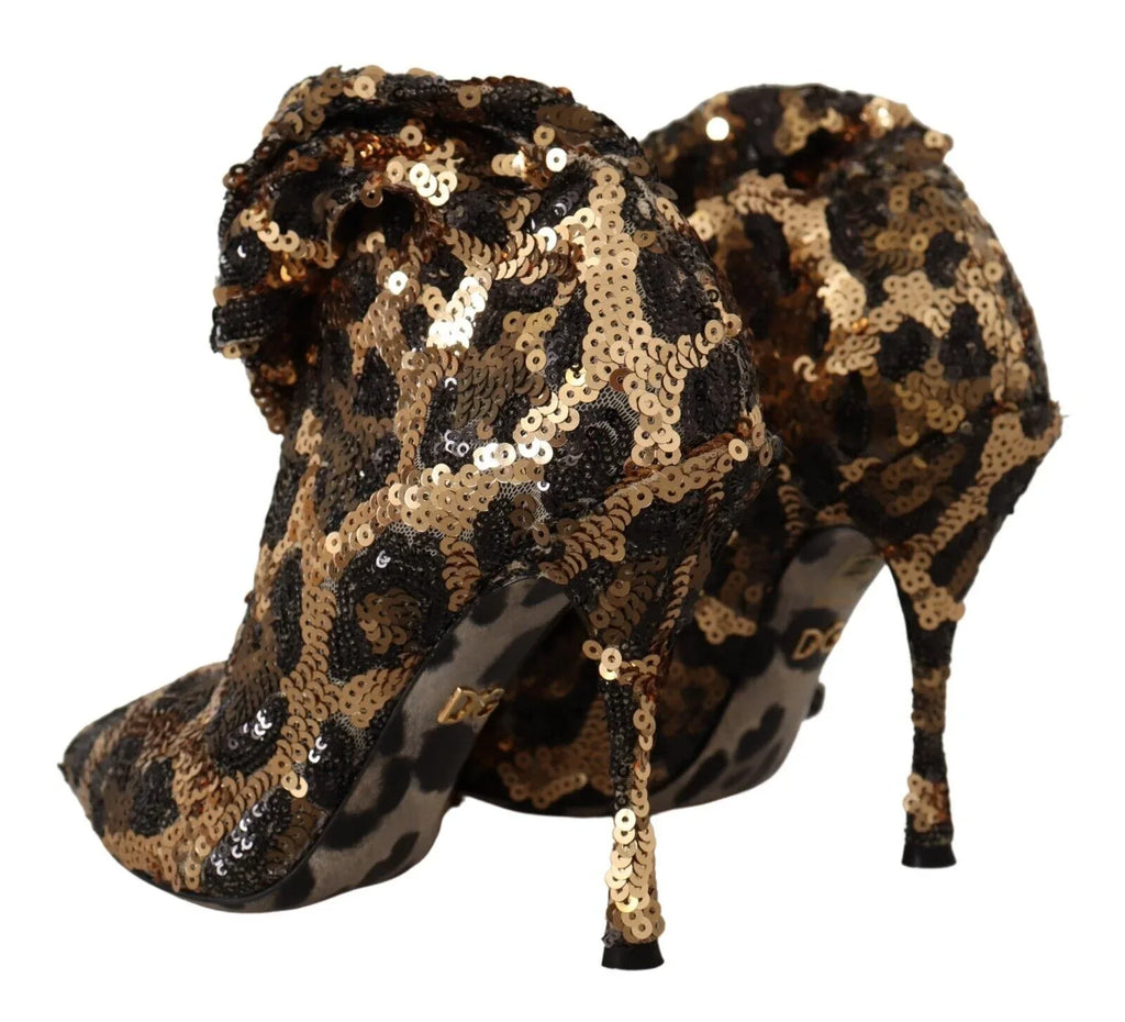 Dolce & Gabbana Gold Leopard Sequins Heels Boots Shoes - Zeiniez