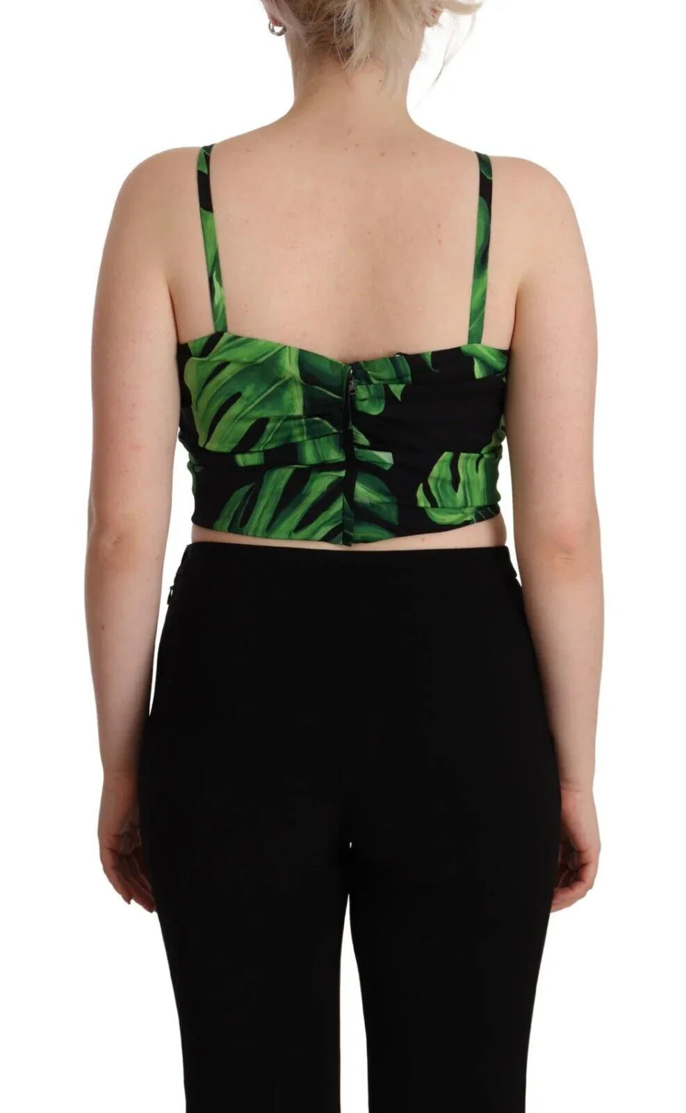 Dolce & Gabbana Black Green Leaf Silk Halter Cropped Top - Zeiniez