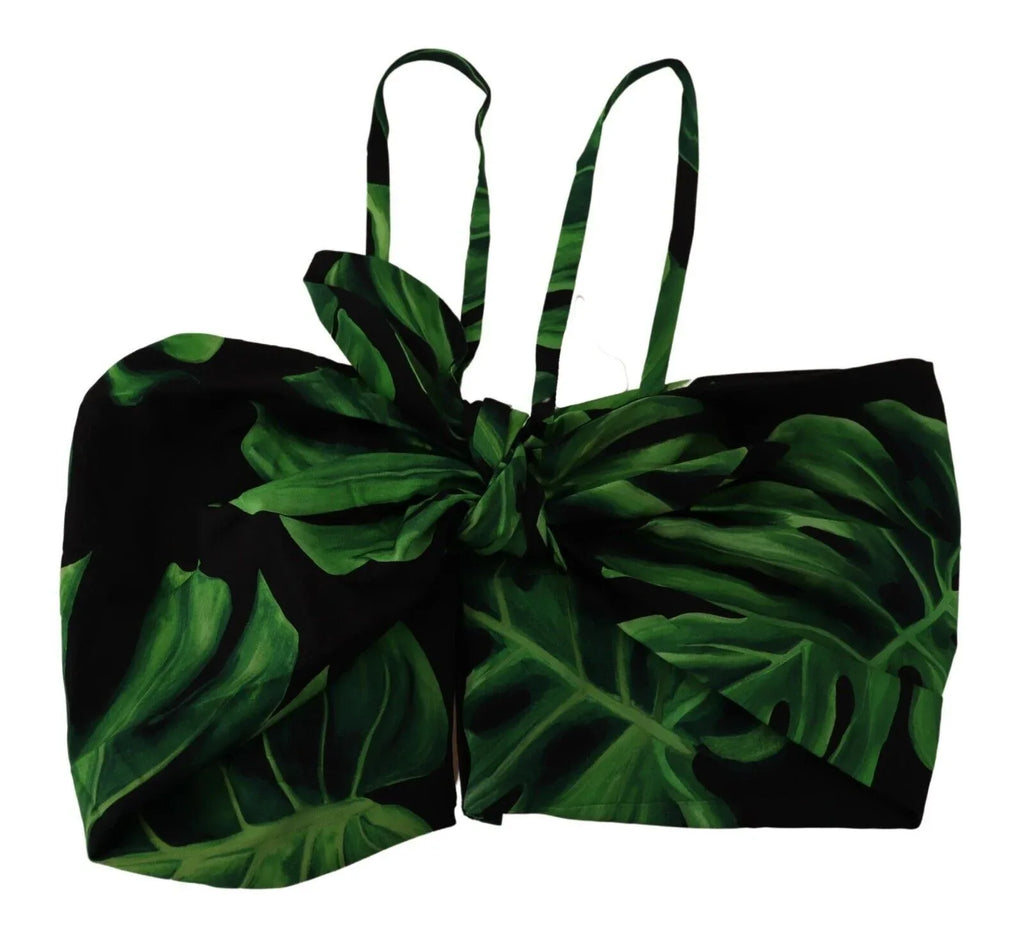 Dolce & Gabbana Black Green Leaf Silk Halter Cropped Top - Zeiniez