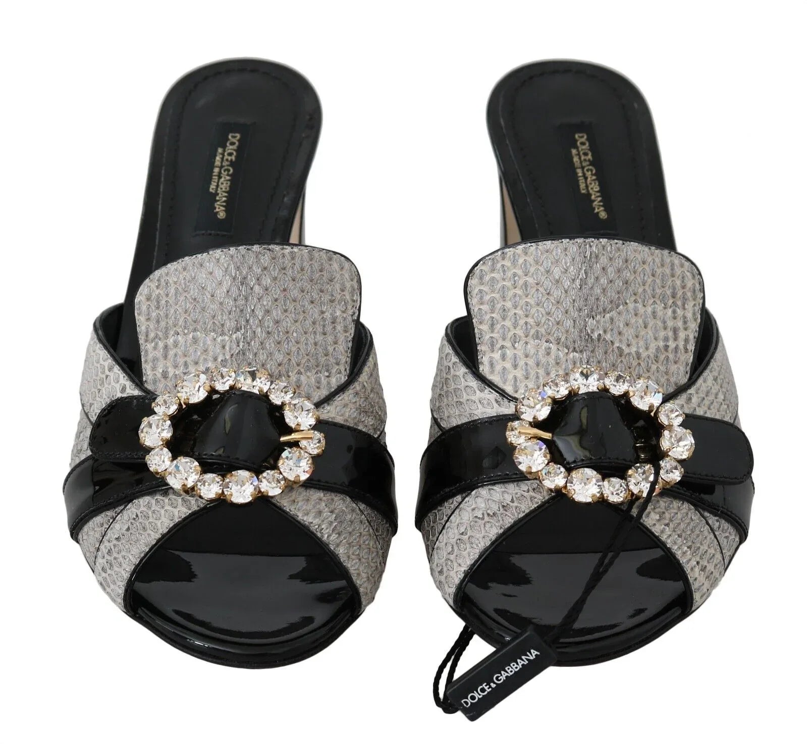 Dolce & Gabbana Black Gray Exotic Leather Crystals Sandals Shoes - Zeiniez