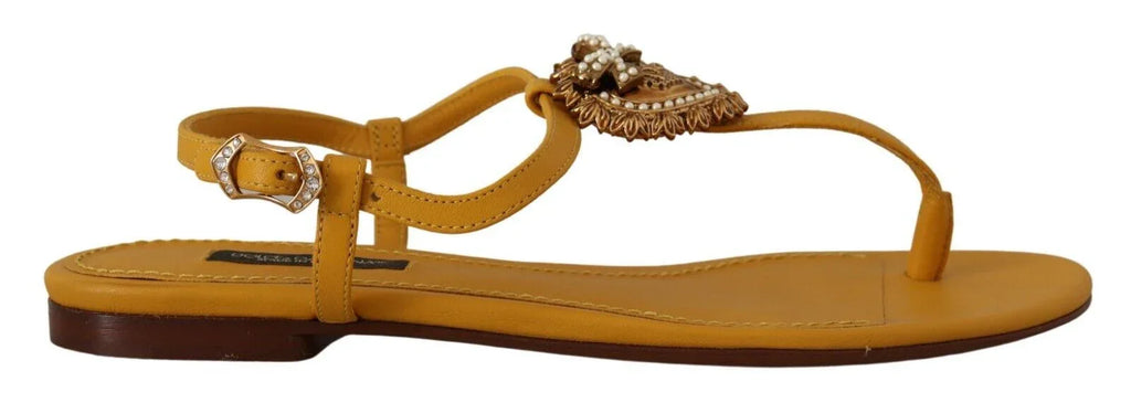 Dolce & Gabbana Mustard Leather Devotion Flats Sandals Shoes - Zeiniez