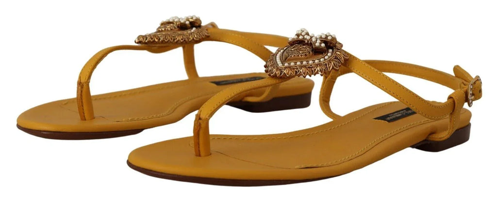 Dolce & Gabbana Mustard Leather Devotion Flats Sandals Shoes - Zeiniez