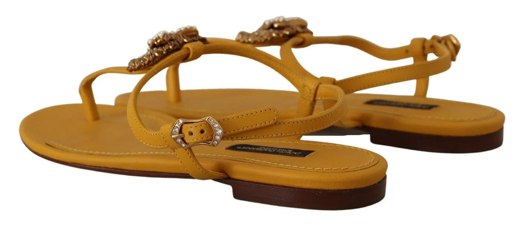 Dolce & Gabbana Mustard Leather Devotion Flats Sandals Shoes - Zeiniez