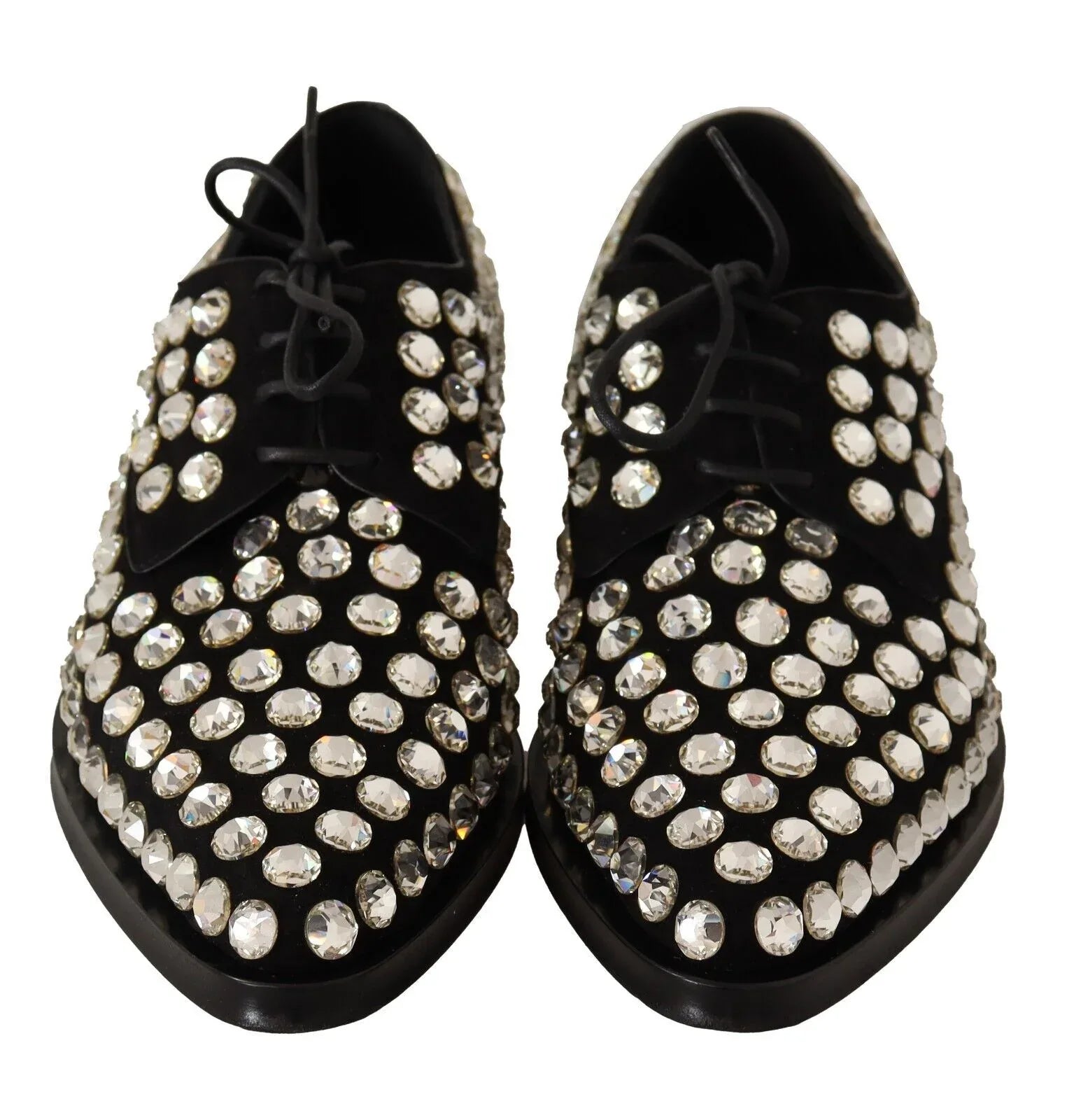 Dolce & Gabbana Black Leather Crystals Lace Up Formal Shoes - Zeiniez