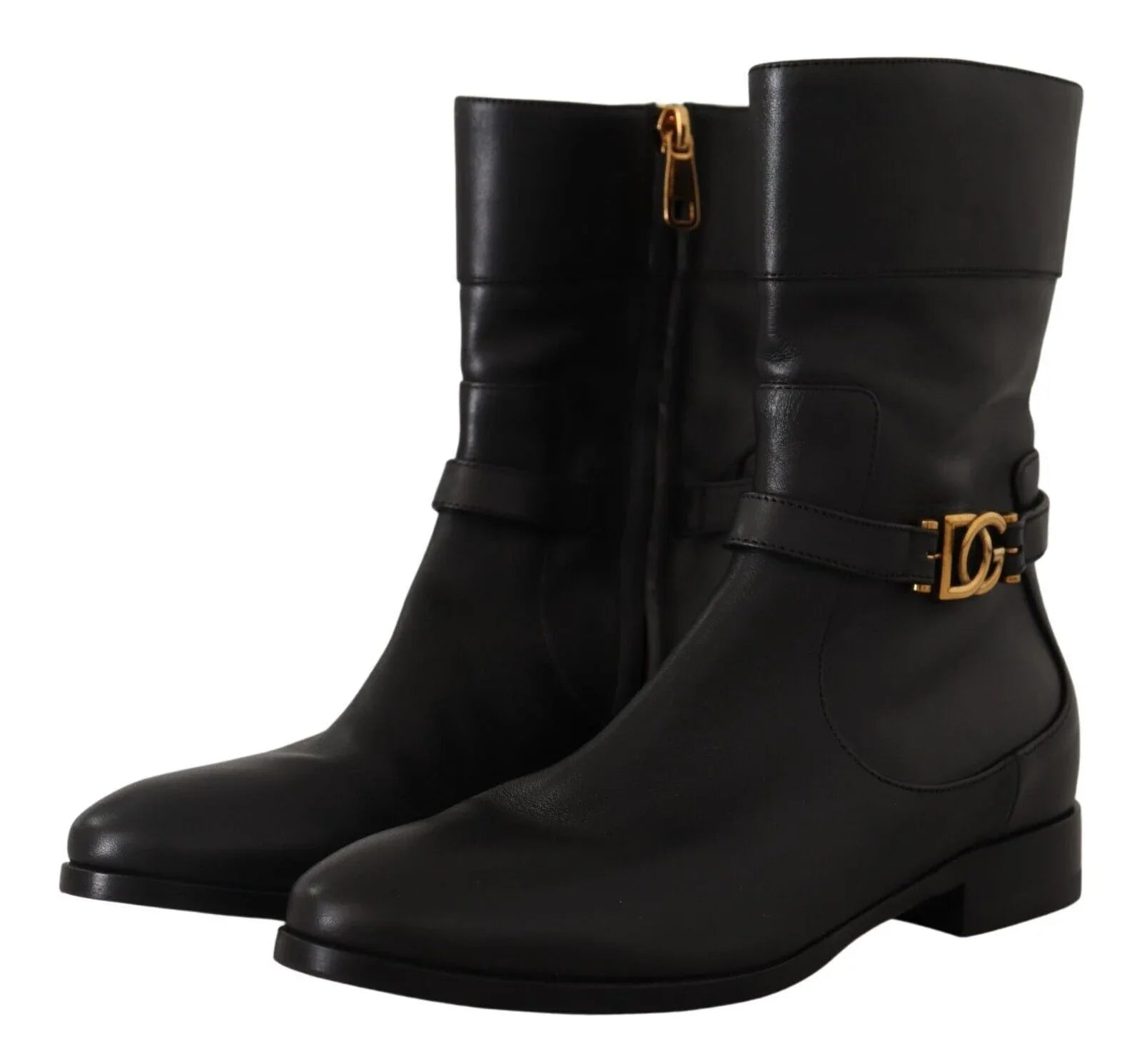 Dolce & Gabbana Black Leather Flats Logo Short Boots Shoes - Zeiniez