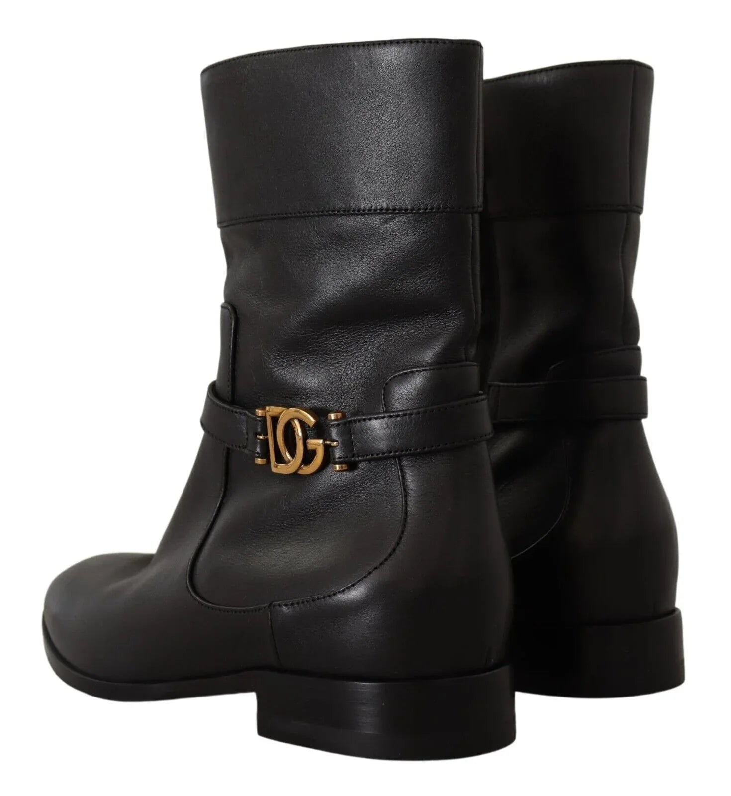 Dolce & Gabbana Black Leather Flats Logo Short Boots Shoes - Zeiniez