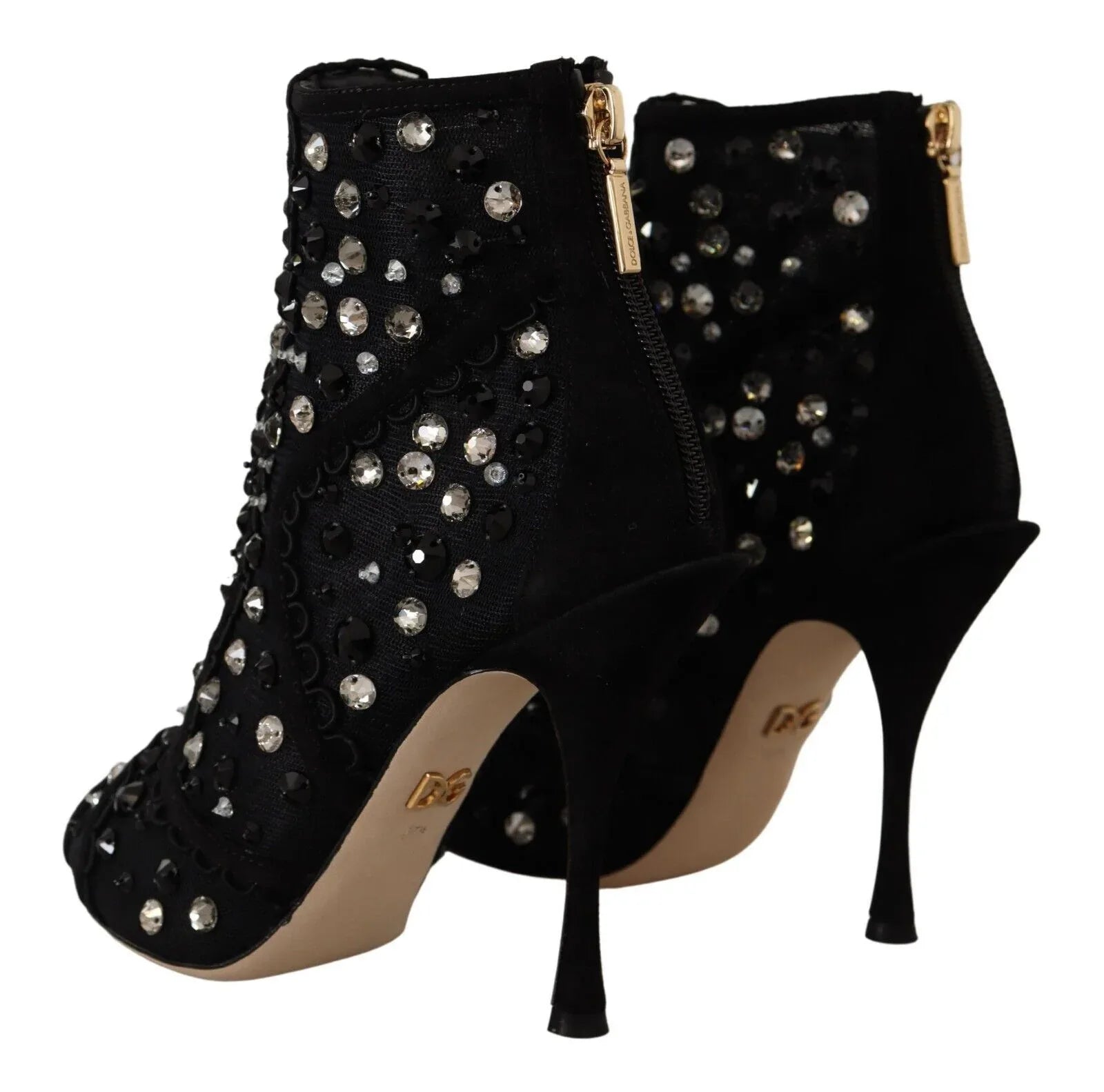 Dolce & Gabbana Black Crystals Heels Zipper Short Boots Shoes - Zeiniez