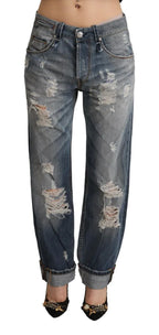 Acht Blue Tattered Mid Waist Straight Denim Cotton Jeans - Zeiniez