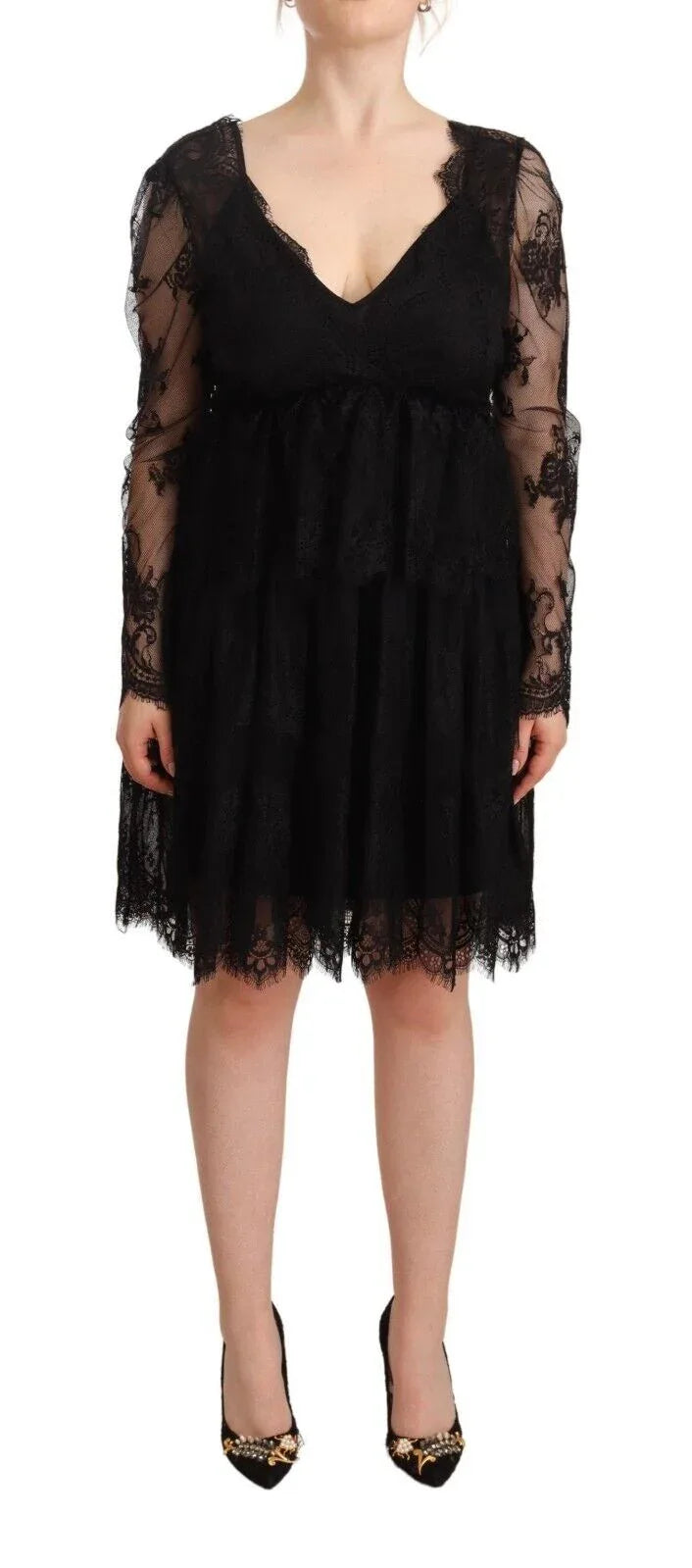Aniye By Black Floral Lace Cotton Long Sleeves V-neck Shift Dress - Zeiniez