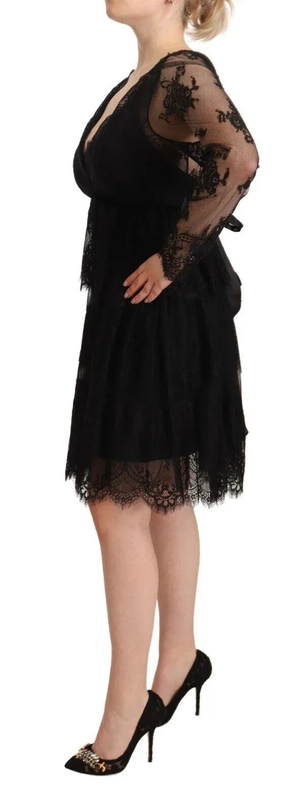 Aniye By Black Floral Lace Cotton Long Sleeves V-neck Shift Dress - Zeiniez
