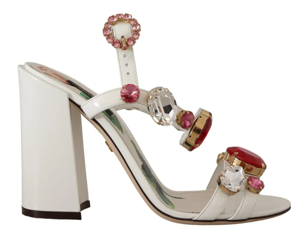 Dolce & Gabbana White Leather Crystal Keira Heels Sandals Shoes - Zeiniez