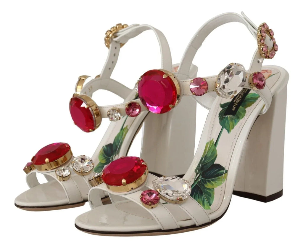 Dolce & Gabbana White Leather Crystal Keira Heels Sandals Shoes - Zeiniez