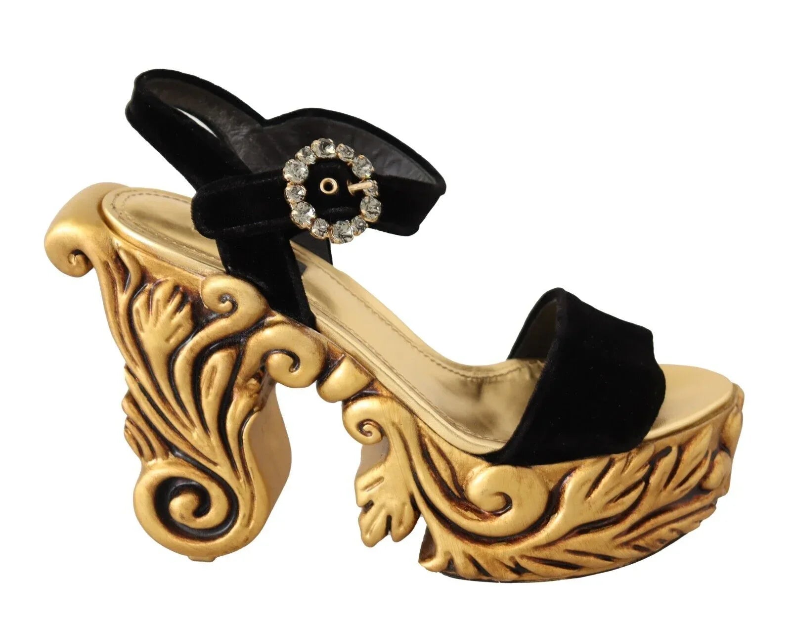 Dolce & Gabbana Black Gold Baroque Velvet Heels Crystal Shoes - Zeiniez