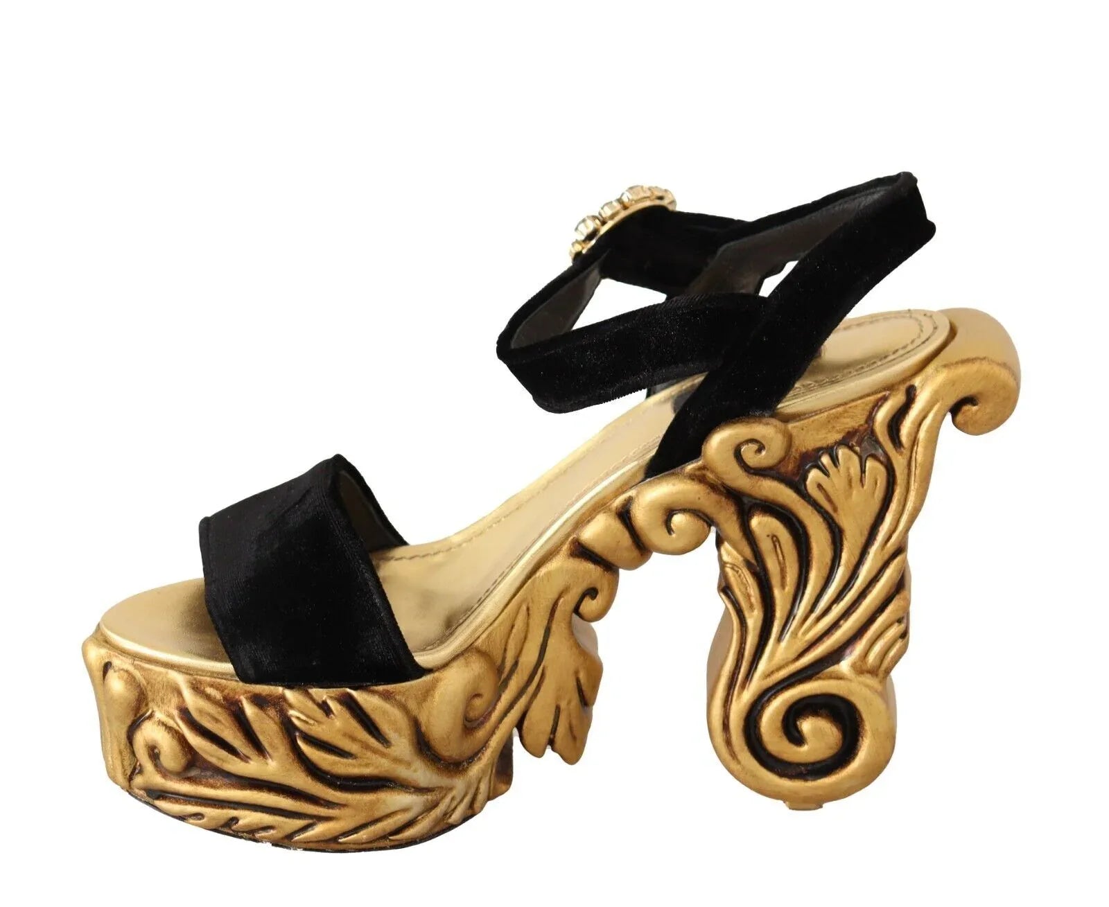 Dolce & Gabbana Black Gold Baroque Velvet Heels Crystal Shoes - Zeiniez