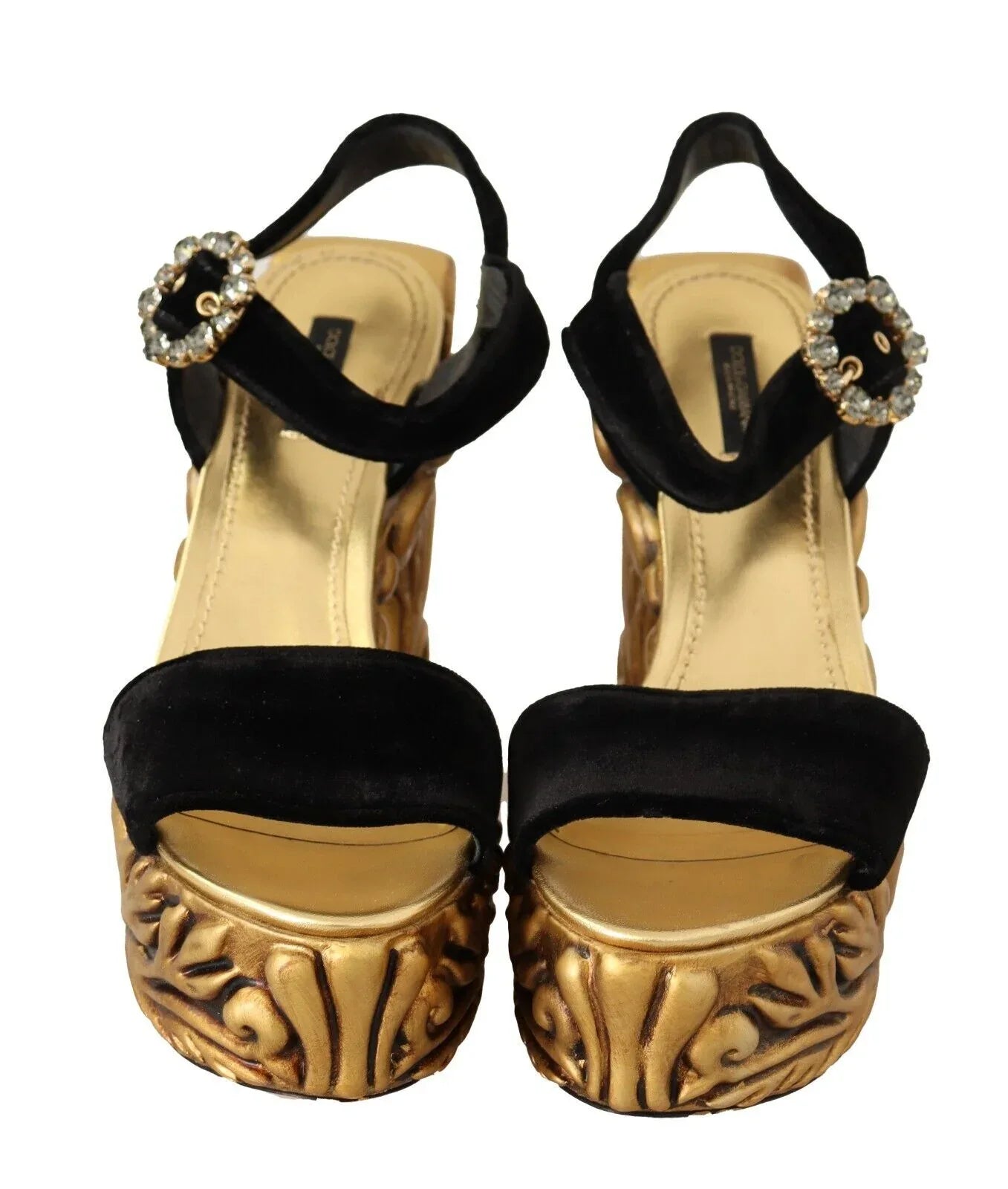 Dolce & Gabbana Black Gold Baroque Velvet Heels Crystal Shoes - Zeiniez