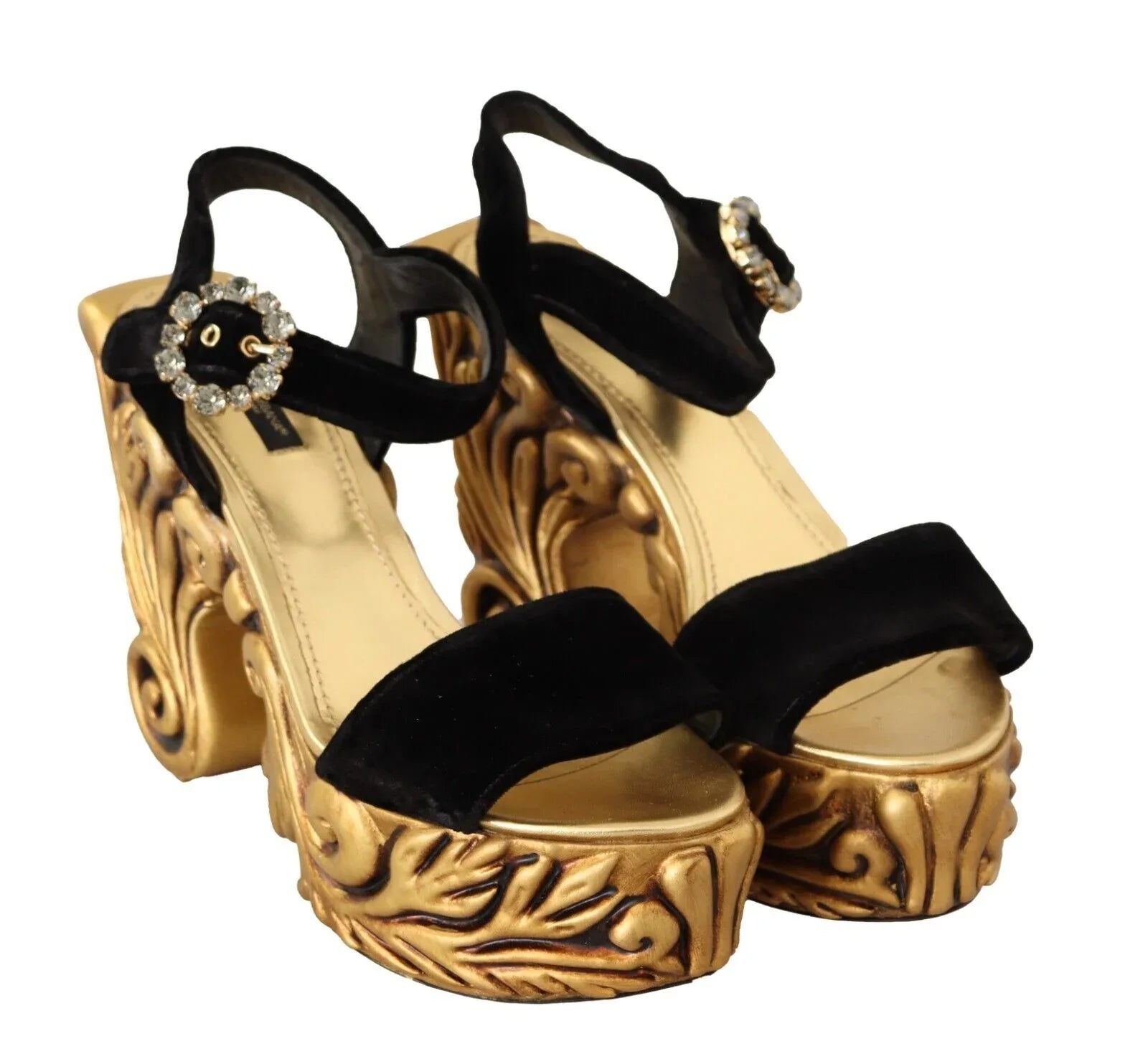 Dolce & Gabbana Black Gold Baroque Velvet Heels Crystal Shoes - Zeiniez