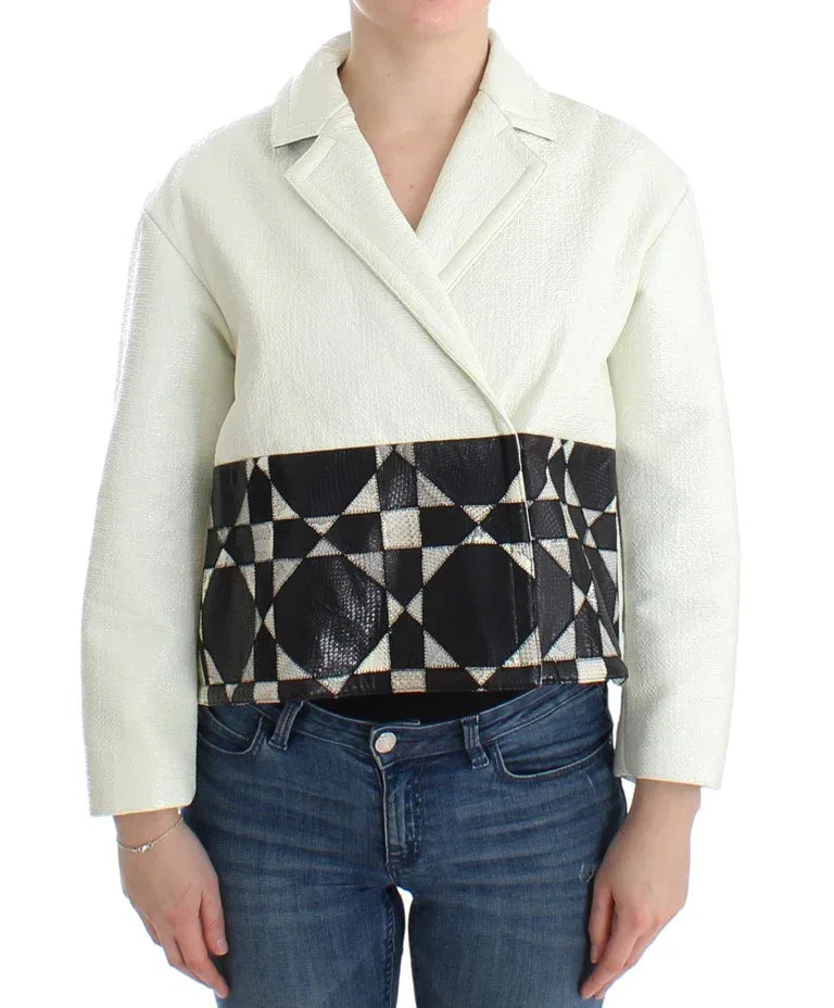 Andrea Pompilio White Black Cropped Leather Jacket - Zeiniez