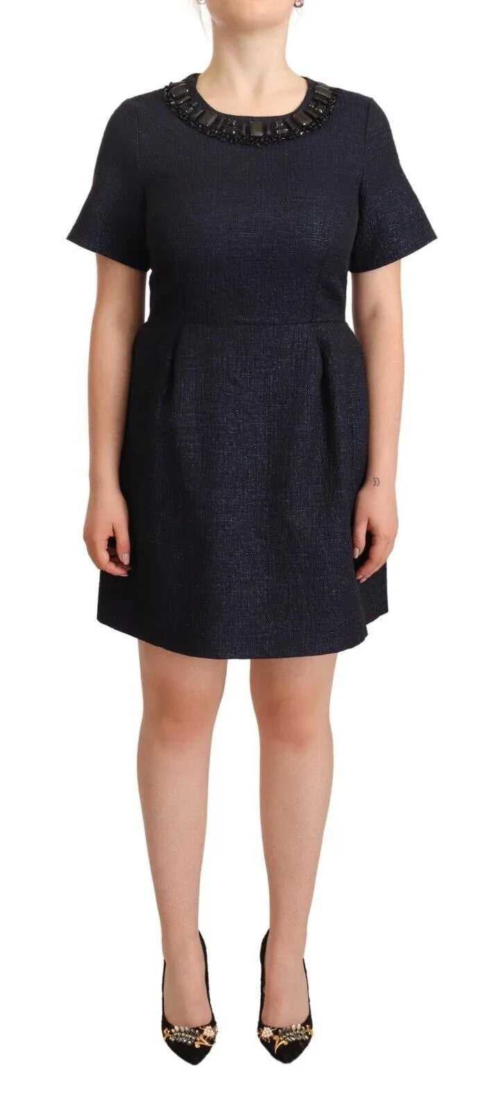 L'Autre Chose Black Embellished Short Sleeves Mini A-line Dress - Zeiniez