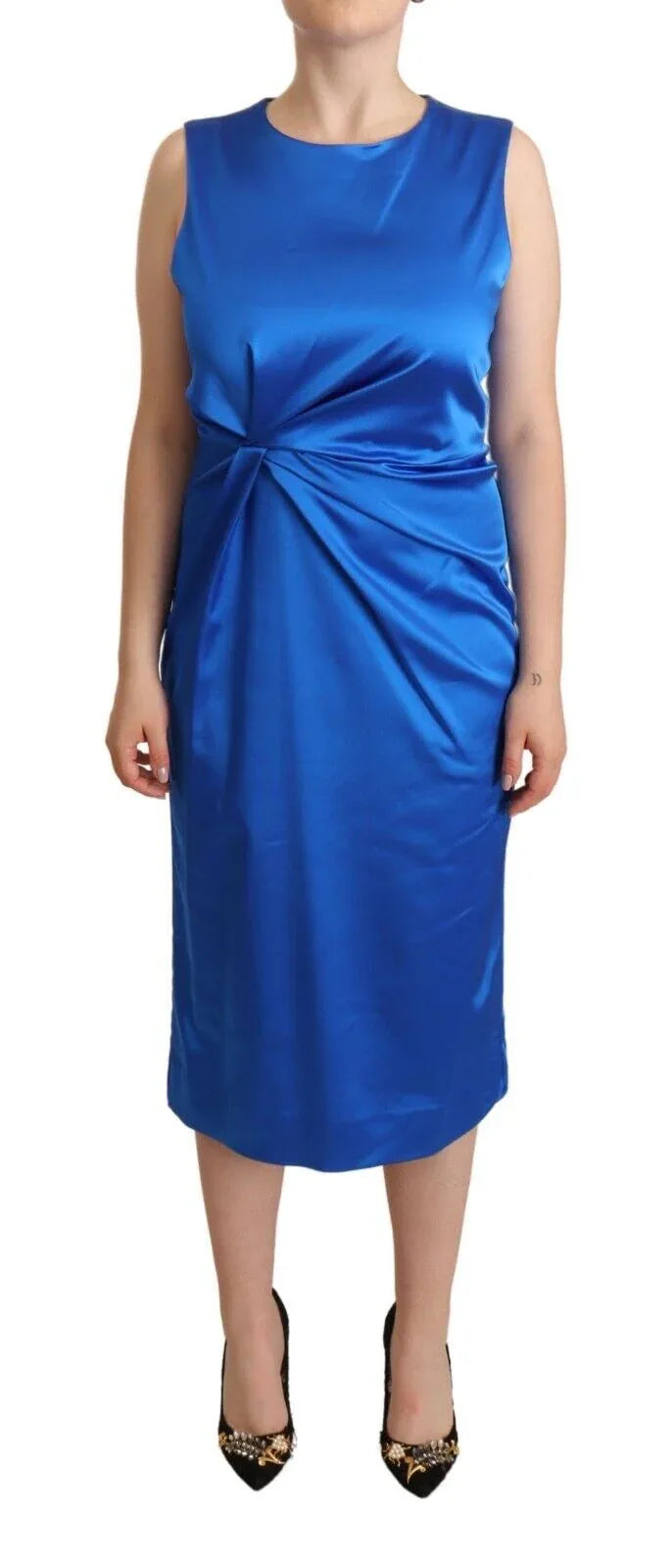 P.A.R.O.S.H. Blue Acetate Sleeveless Pleated Midi Sheath Dress - Zeiniez