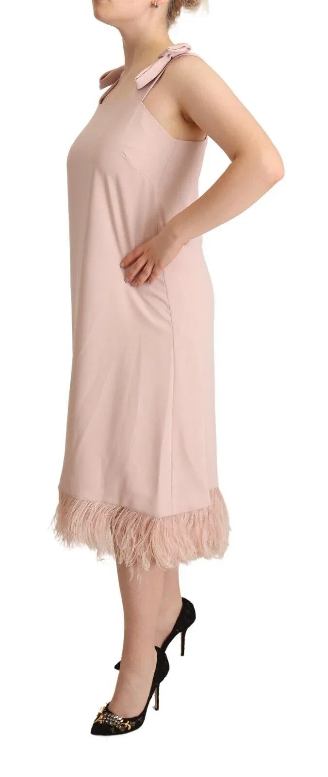 P.A.R.O.S.H. Pink Polyester Sleeveless Midi Feather Shift Dress - Zeiniez