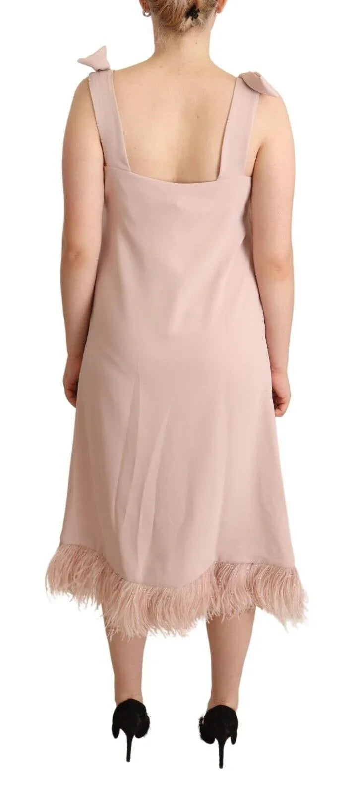 P.A.R.O.S.H. Pink Polyester Sleeveless Midi Feather Shift Dress - Zeiniez