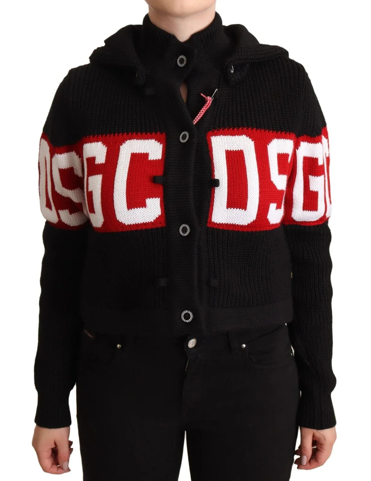 GCDS Black Cashmere Hooded Button Down Logo Cardigan Jacket - Zeiniez