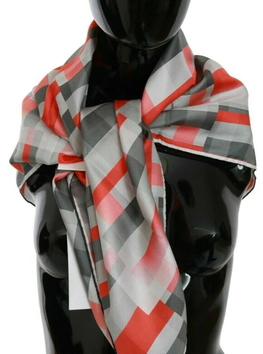 Costume National Gray Red Silk Shawl Foulard Wrap Scarf - Zeiniez