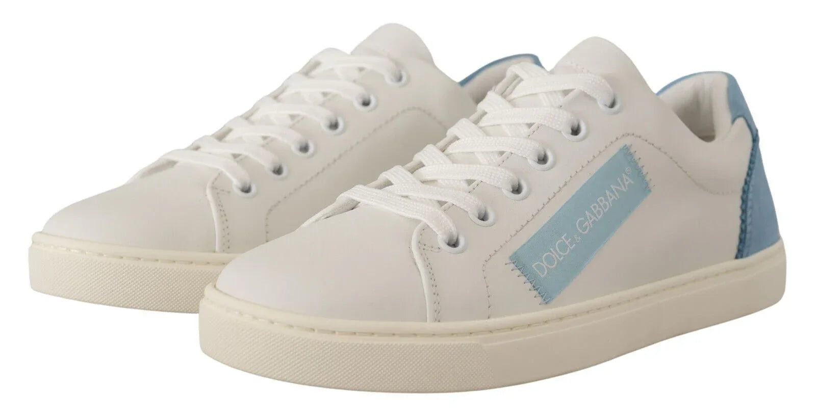Dolce & Gabbana White Blue Leather Low Top Sneakers Shoes - Zeiniez