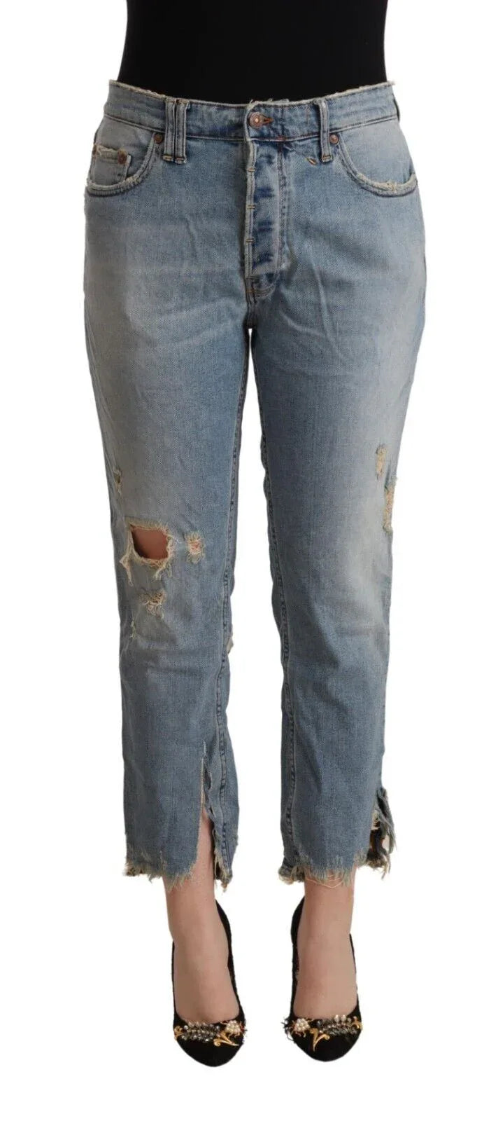 CYCLE Light Blue Distressed Mid Waist Cropped Denim Jeans - Zeiniez
