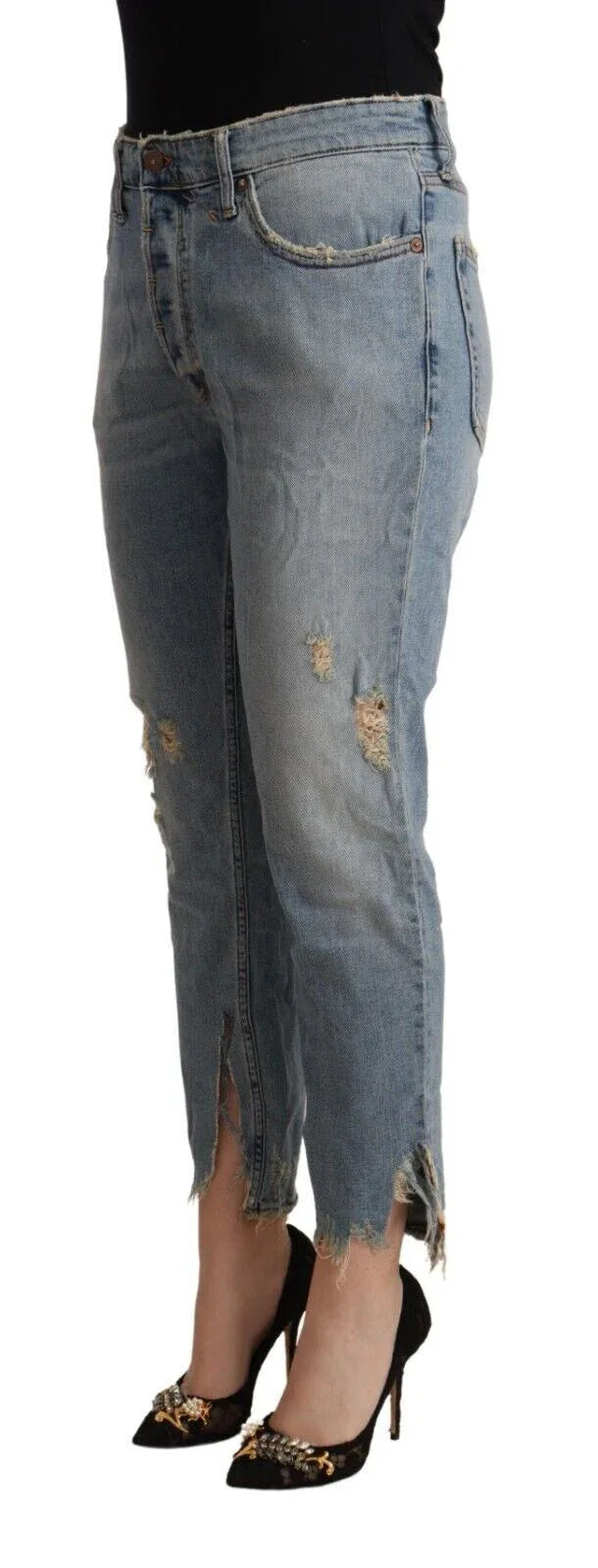 CYCLE Light Blue Distressed Mid Waist Cropped Denim Jeans - Zeiniez