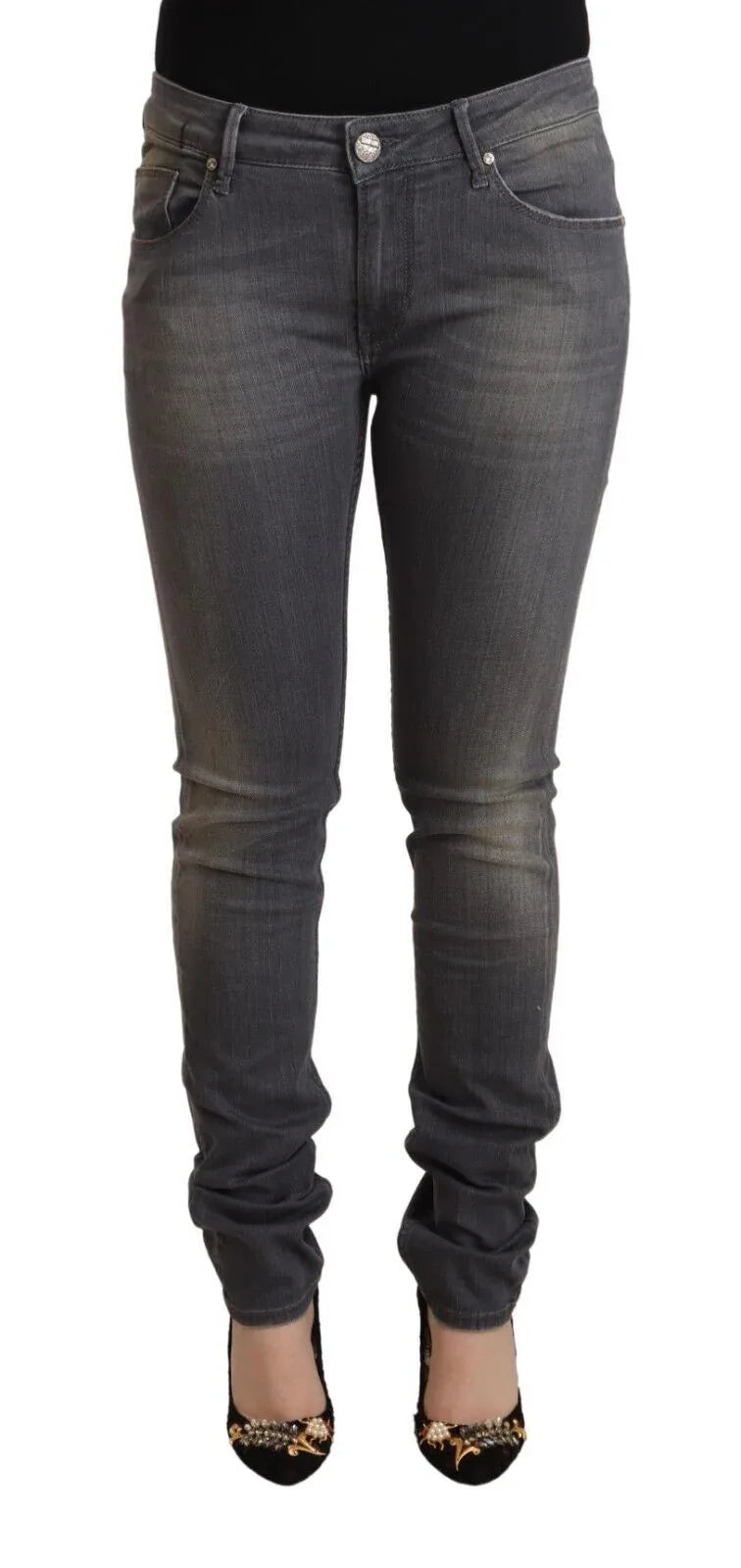 Acht Dark Gray Washed Cotton Denim Skinny Jeans - Zeiniez
