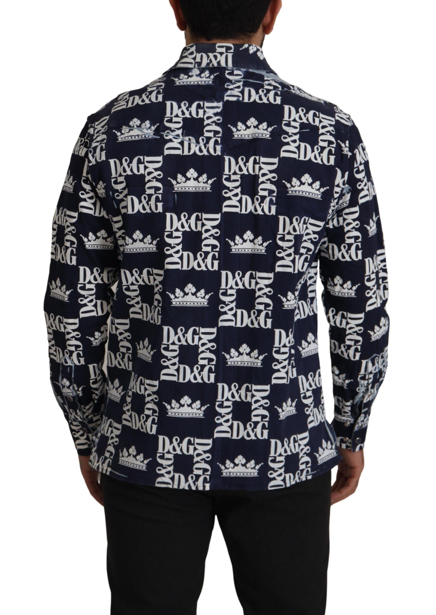 Dolce & Gabbana Blue Denim Stretch DG Crown Logo Casual Shirt - Zeiniez