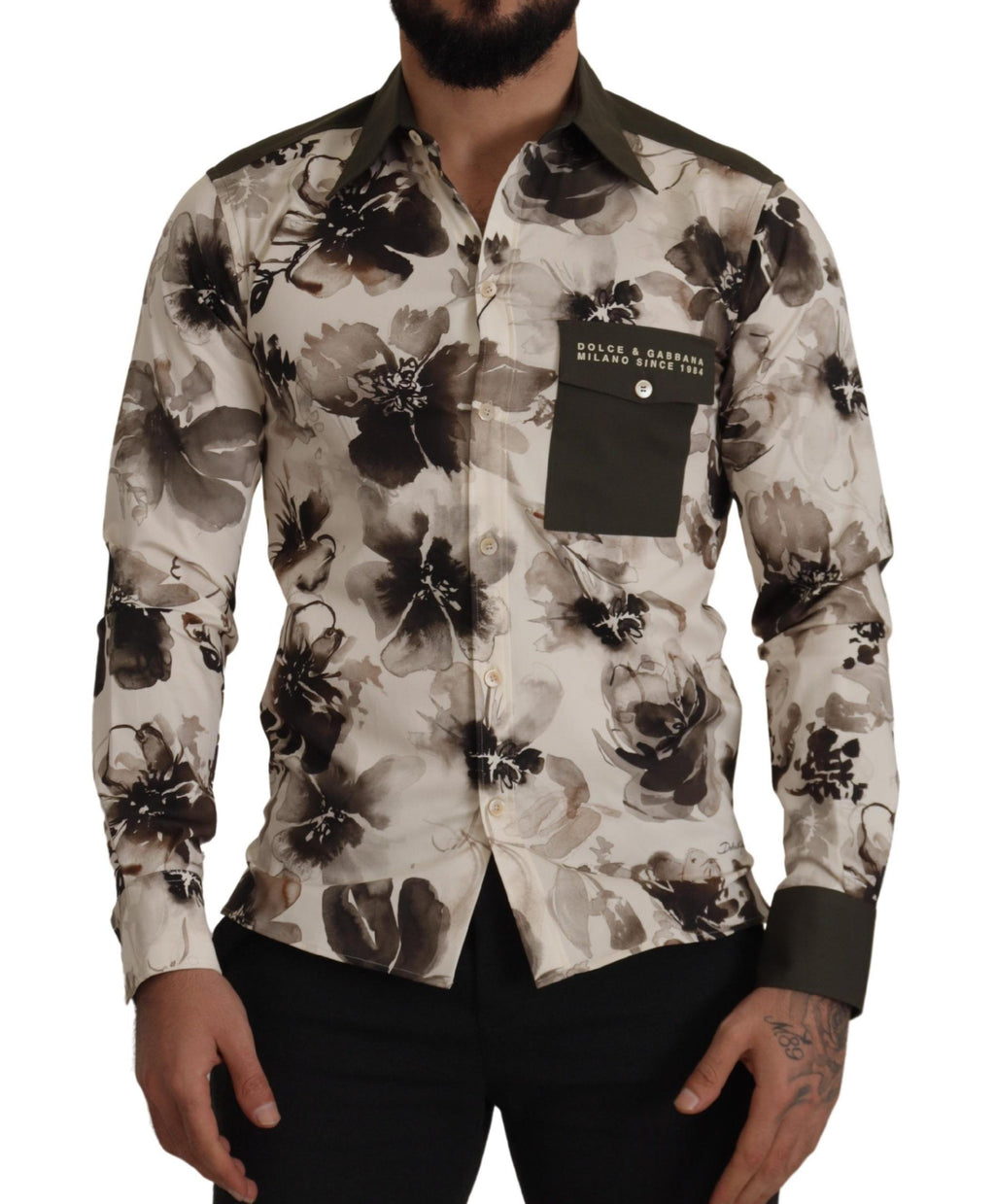 Dolce & Gabbana Green Beige Floral Cotton Stretch Exclusive Shirt - Zeiniez
