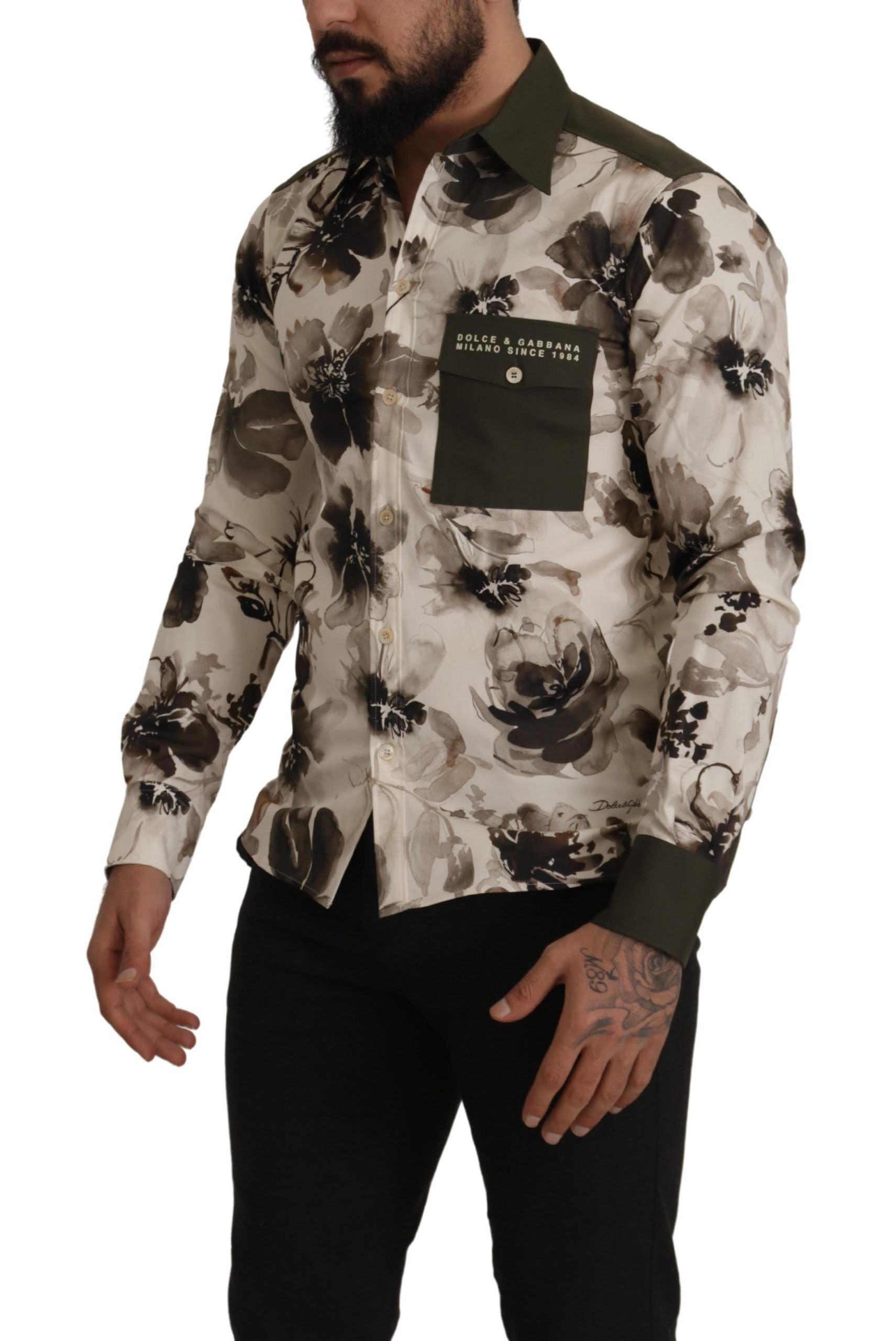 Dolce & Gabbana Green Beige Floral Cotton Stretch Exclusive Shirt - Zeiniez