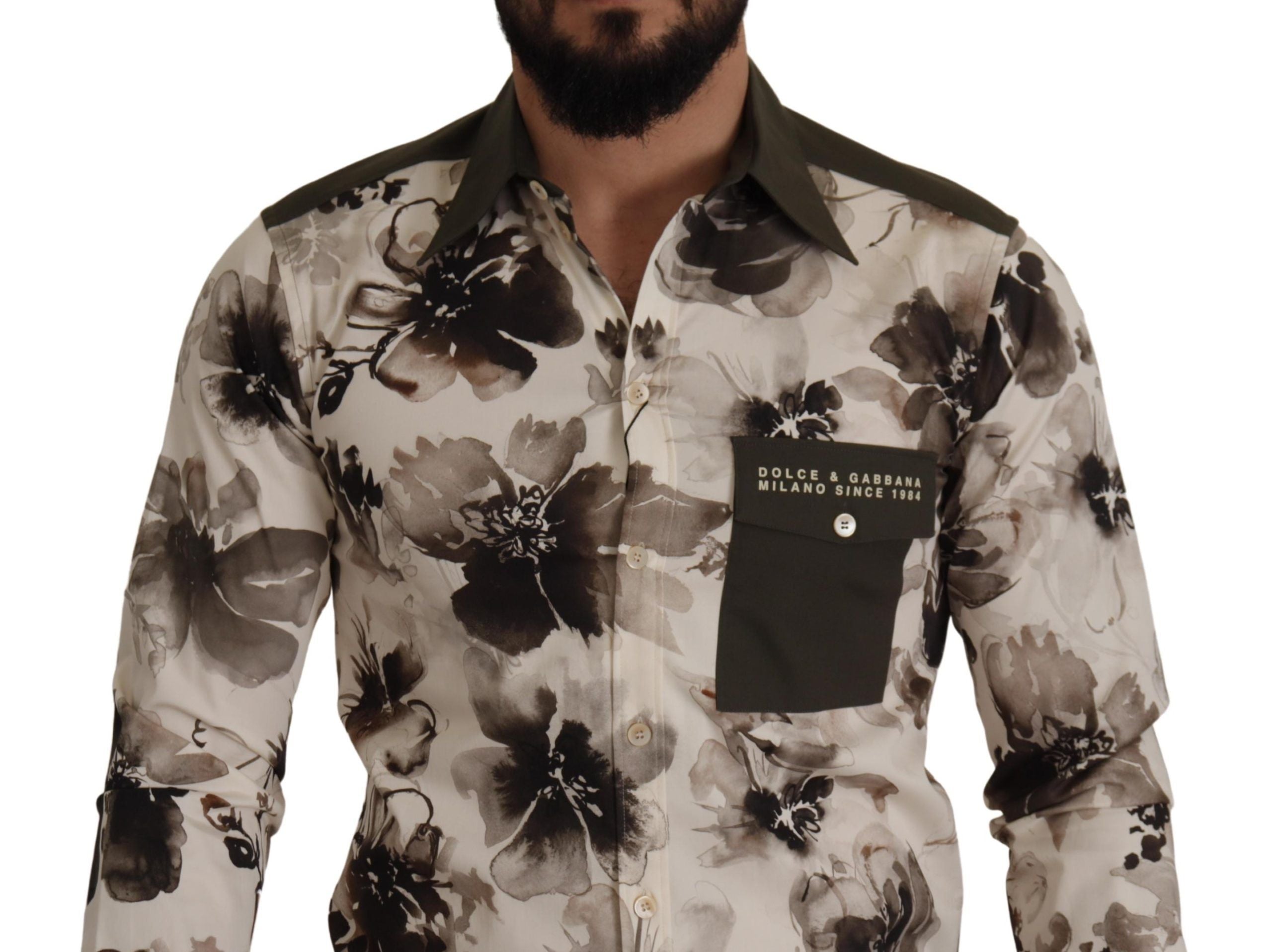 Dolce & Gabbana Green Beige Floral Cotton Stretch Exclusive Shirt - Zeiniez