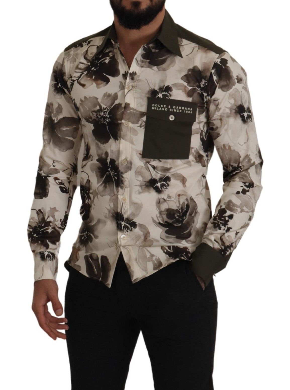 Dolce & Gabbana Green Beige Floral Cotton Stretch Exclusive Shirt - Zeiniez