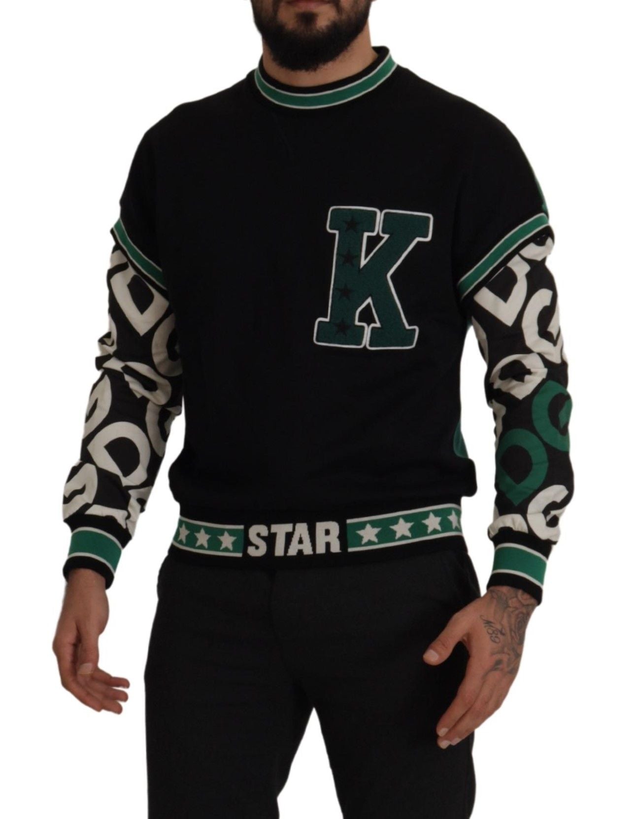 Dolce & Gabbana Black Green Cotton KING Star Crewneck Pullover Sweater - Zeiniez