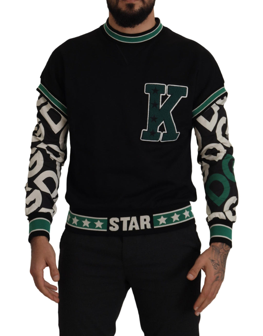 Dolce & Gabbana Black Green Cotton KING Star Crewneck Pullover Sweater - Zeiniez