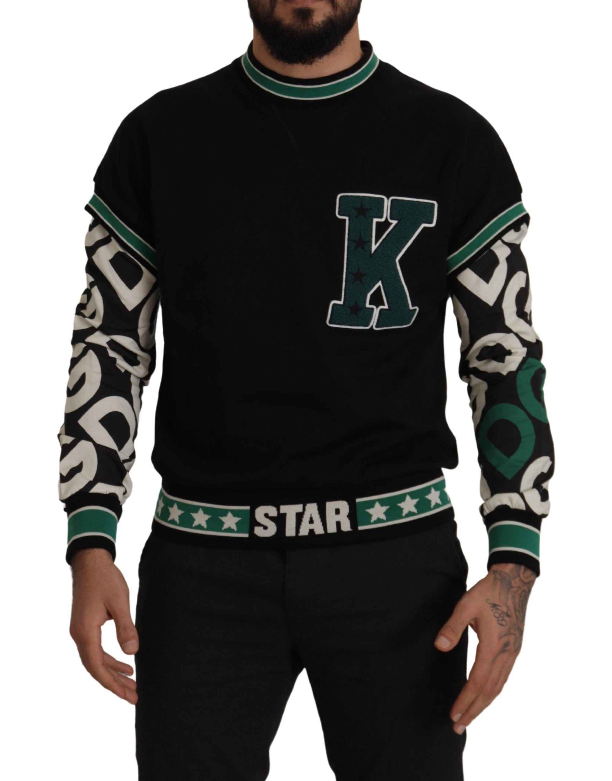 Dolce & Gabbana Black Green Cotton KING Star Crewneck Pullover Sweater - Zeiniez