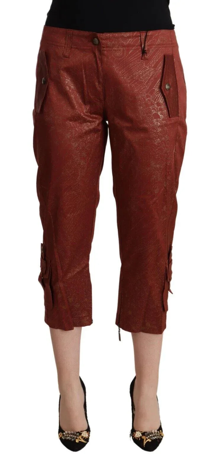 Just Cavalli Brown Lurex Mid Waist Cotton Cropped Capri Pants - Zeiniez